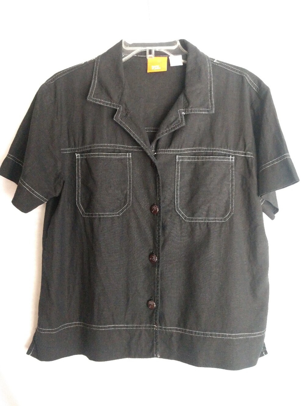 Hearts Of Palm Short Sleeve Camp Shirt Linen Blend Black White Size 6